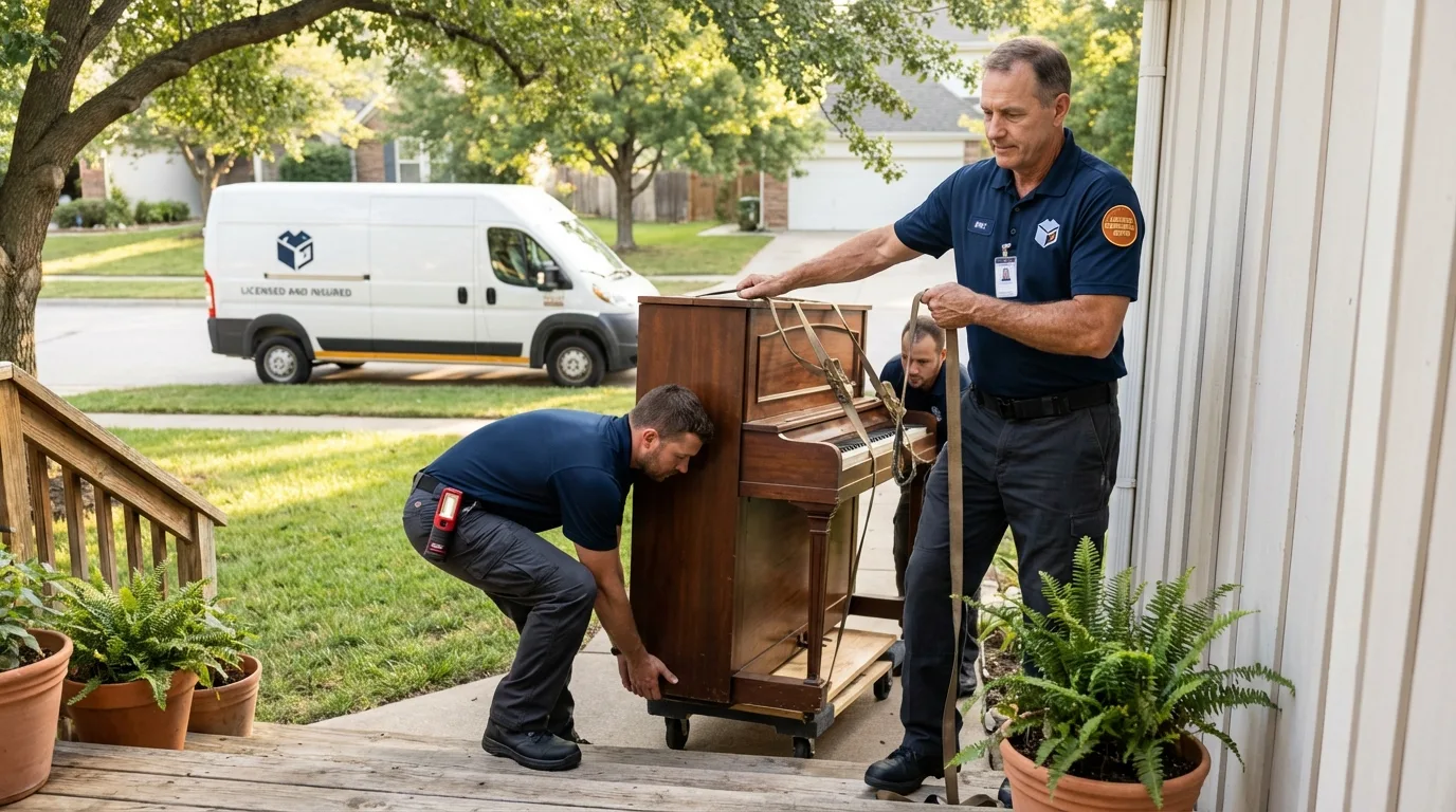 Licensed piano movers securing grand piano in Loris, SC